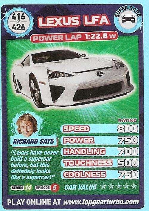 TOP GEAR TURBO CHALLENGE `EXTRA` - LEXUS LFA `SUPER RARE` CARD 416