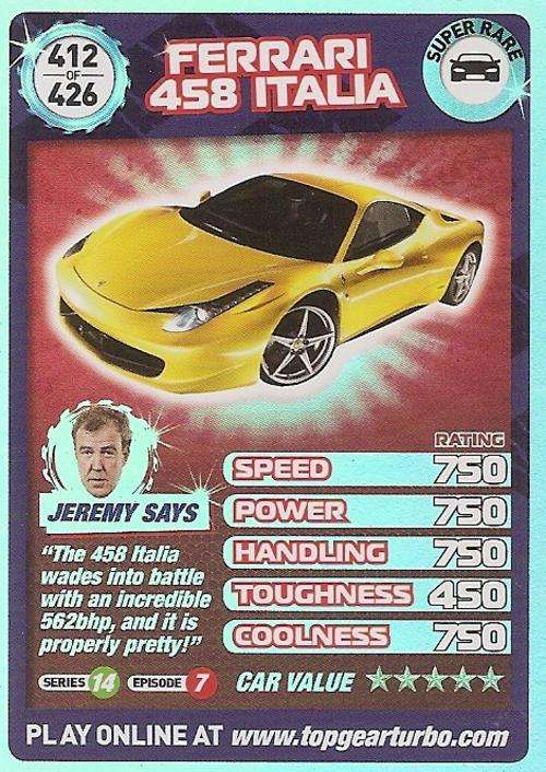 TOP GEAR TURBO CHALLENGE `EXTRA` - FERRARI 458 ITALIA `SUPER RARE` CARD 412