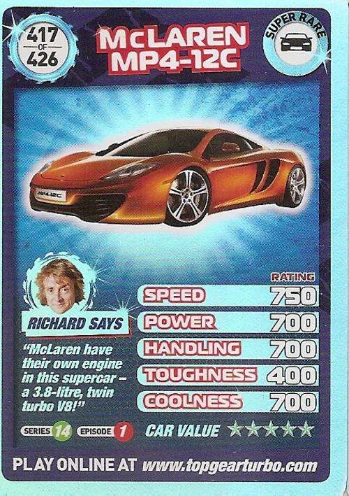 TOP GEAR TURBO CHALLENGE `EXTRA` - McLAREN MP4-12C `SUPER RARE` CARD 417