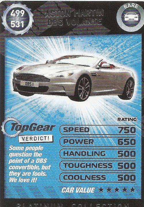 TOP GEAR TURBO CHALLENGE PLATINUM - ASTON MARTIN DB9 VOLANTE `RARE` 499 CARD