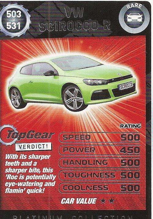 TOP GEAR TURBO CHALLENGE PLATINUM - VW SIROCCO R `RARE` 503 CARD