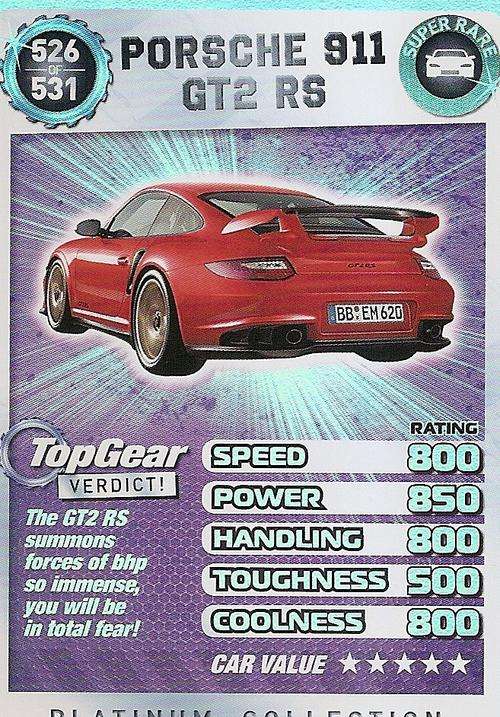TOP GEAR TURBO CHALLENGE PLATINUM - PORCHE 911 GT2 RS `SUPER RARE` 526 TRADING CARD