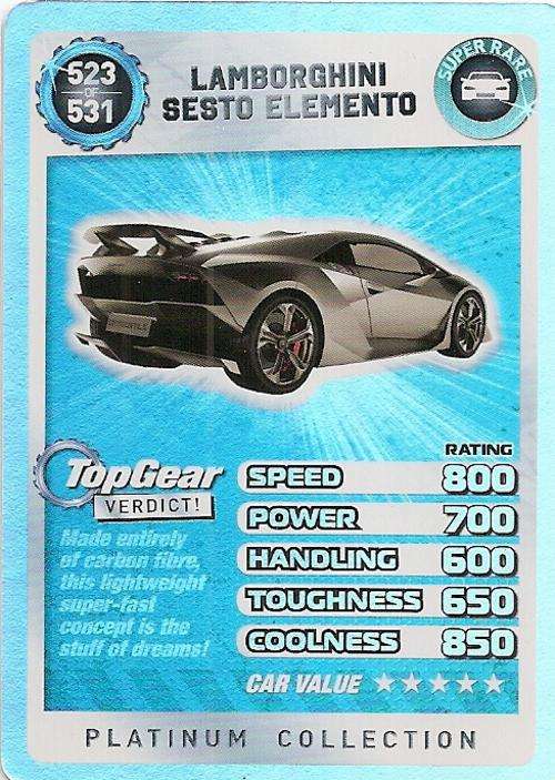 TOP GEAR TURBO CHALLENGE PLATINUM - LAMBORGHINI SESTO ELEMENTO `SUPER RARE` TRADING CARD 523