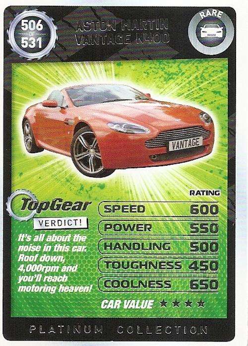 TOP GEAR TURBO CHALLENGE PLATINUM - ASTON MARTIN VANTAGE N400 `RARE` 506 CARD