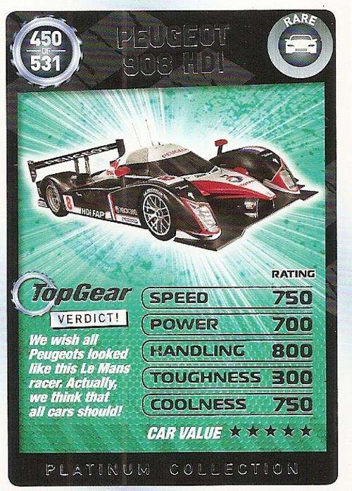 TOP GEAR TURBO CHALLENGE PLATINUM - PEUGEOT 908 HDI `RARE` 450 CARD