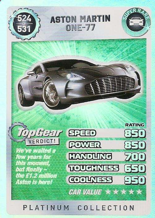 TOP GEAR TURBO CHALLENGE PLATINUM - ASTON MARTIN ONE-77 `SUPER RARE` 524 TRADING CARD