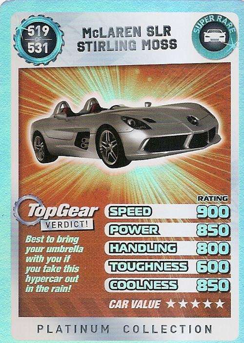 TOP GEAR TURBO CHALLENGE PLATINUM - McLAREN SLR STIRLING MOSS `SUPER RARE` 519 TRADING CARD