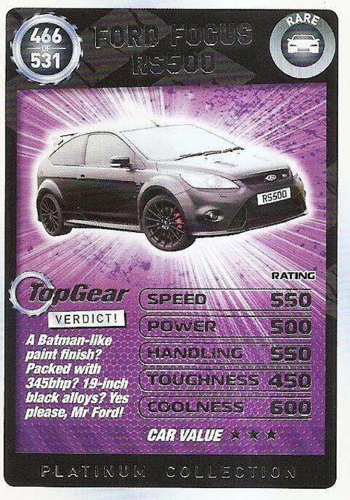 TOP GEAR TURBO CHALLENGE PLATINUM - FORD FOCUS RS500 `RARE` 466 CARD