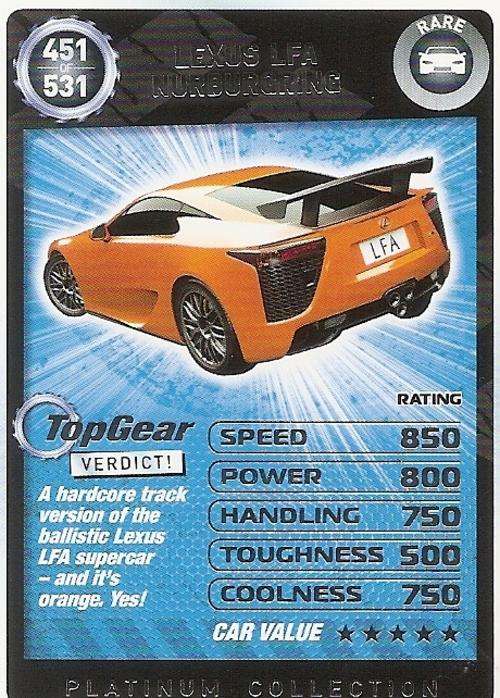 TOP GEAR TURBO CHALLENGE PLATINUM - LEXUS LFA NURBURING `RARE` 451 CARD