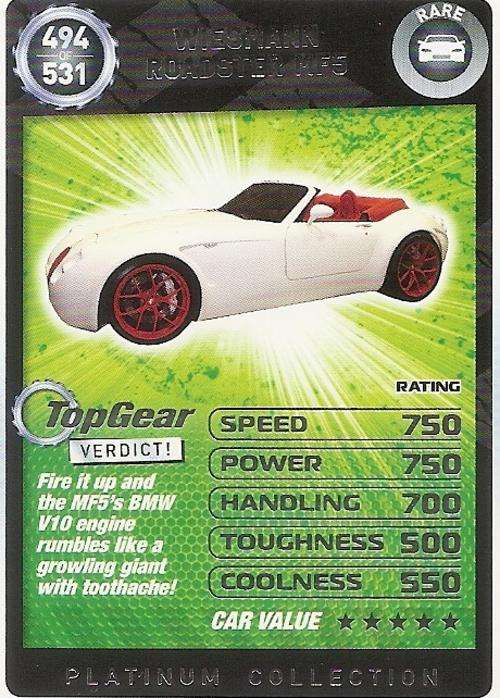 TOP GEAR TURBO CHALLENGE PLATINUM - WIESMANN ROADSTER MF5 `RARE` 494 CARD