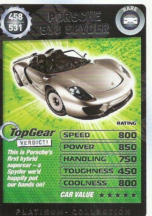 TOP GEAR TURBO CHALLENGE PLATINUM - PORCHE 918 SPYDER `RARE` 458 CARD
