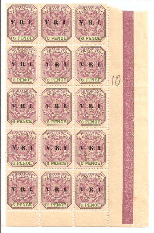 TRANSVAAL 1900 - SACC 238 - V.R.I. OVERPRINT 6d LILAC GREEN CORNER BLOCK of 15 (UM)