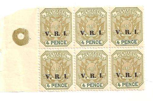 TRANSVAAL 1900 - SACC 237 - V.R.I. OVERPRINT 4d SAGE/GREEN GREEN "COLOUR BLOCK" of 6 (UM)