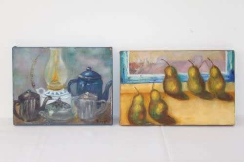 Two lovely and colorful oil paintings on canvas of kitchen scenes