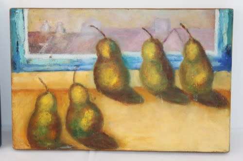Two lovely and colorful oil paintings on canvas of kitchen scenes