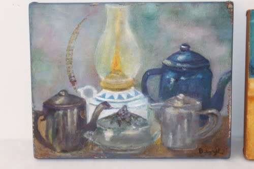 Two lovely and colorful oil paintings on canvas of kitchen scenes