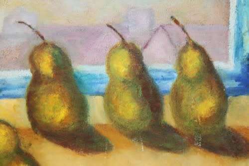 Two lovely and colorful oil paintings on canvas of kitchen scenes