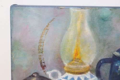 Two lovely and colorful oil paintings on canvas of kitchen scenes