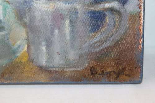 Two lovely and colorful oil paintings on canvas of kitchen scenes