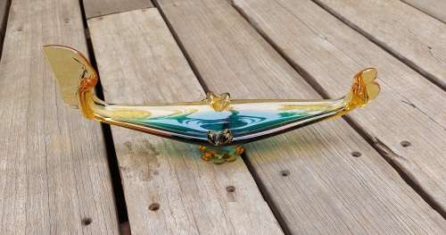 Vintage Murano Glass Gondola, Ashtray, Beautiful Amber and Green