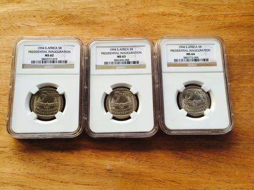 1994 SOUTH AFRICAN PRESIDENTIAL INAUGURATION R5 - MS62, MS63, MS64 - ONE BID FOR ALL 3 COINS
