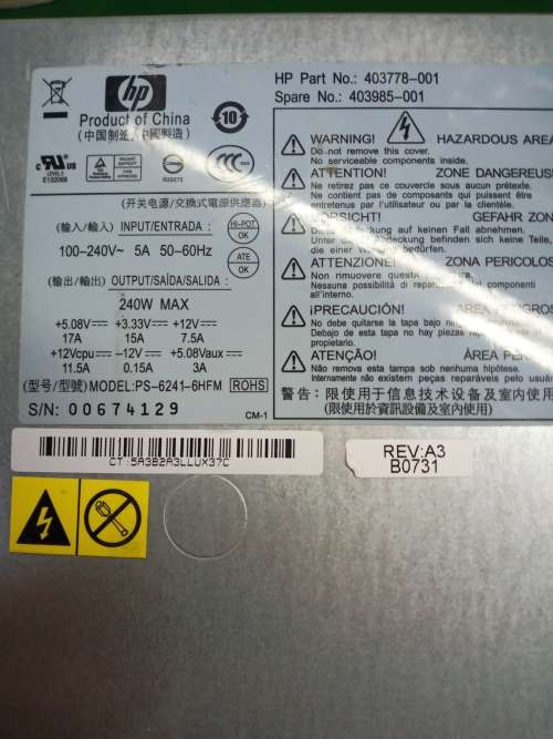 240W Power Supply for HP Compaq 403778-001 (Used)