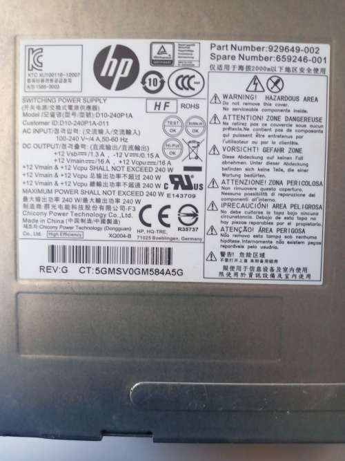 HP D10-240P1A - 240W Power Supply For HP Elite 8000, 8100, 8200 SFF, Pro 6000 SFF