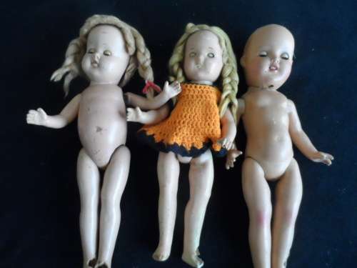 THREE VERY VERY OLD COMPOSITION DOLLS ALL ABOUT 17INCH ONE HAS TINPLATE EYES