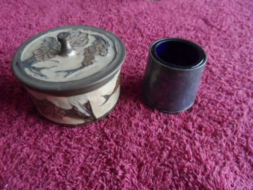 Beautiful brass and mother of pearl trinket box and a silver with blue glass insert small container