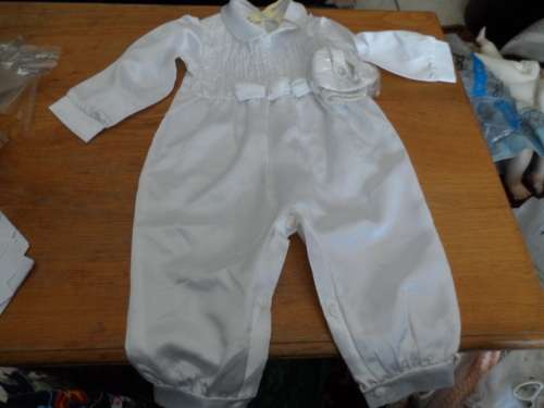 Vintage christening satin rouched babygrow and satin shoes