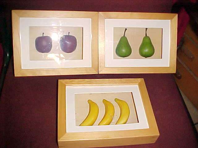 THREE FRUIT PICTURES IN WOODEN FRAME BEHIND GLASS