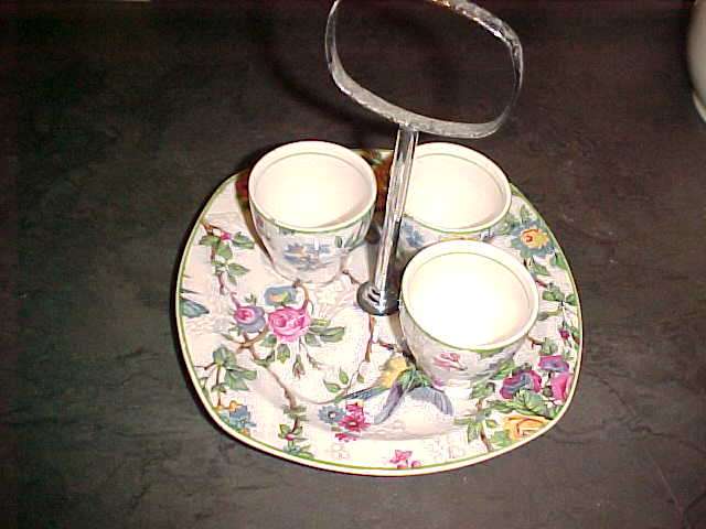 Staffordshire England egg cups and plate with handle