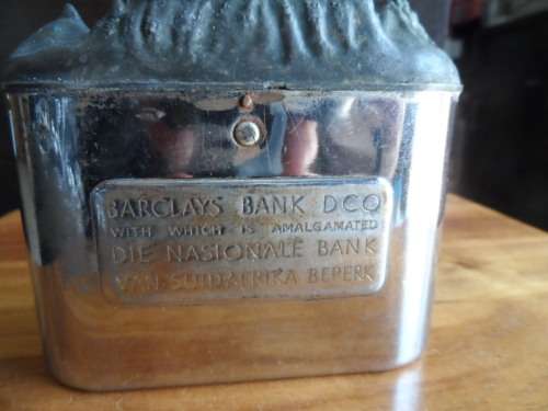 Hard to find Barclays bank money box with table mountain.