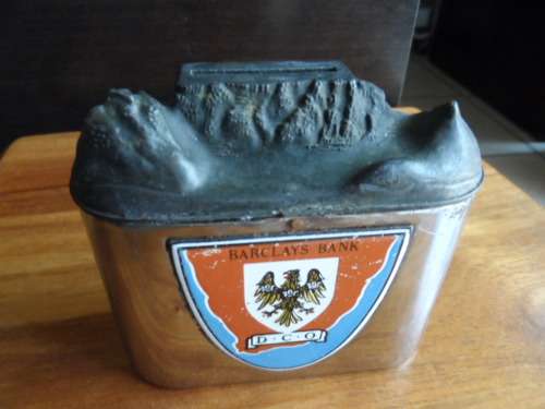 Hard to find Barclays bank money box with table mountain.