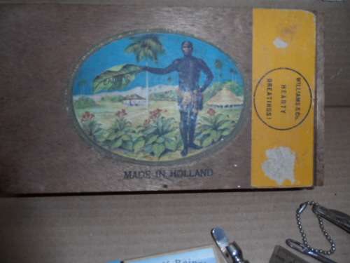 Vingage cigar box made in holland with various old instruments etc.