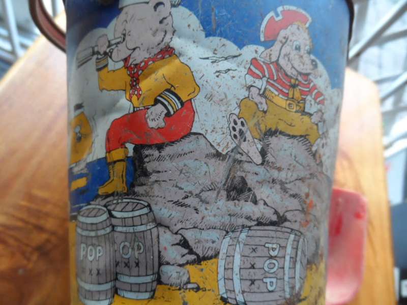 Very old played with hard to find Tinplate kiddies beach bucket.  has playwear