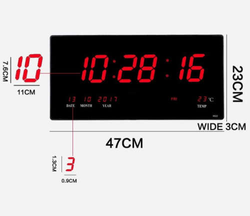 LED Digital Calendar Wall Clock with Temperature Display - Red
