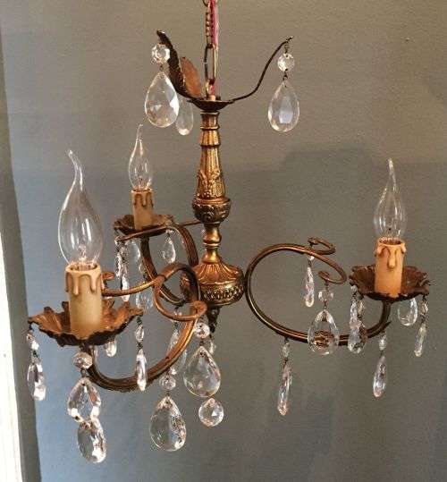 Vintage French three light bronze and crystal chandelier