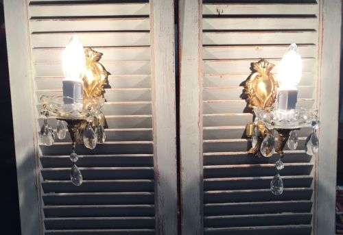Vintage French matching pair of bronze and glass wall sconces / chandelier