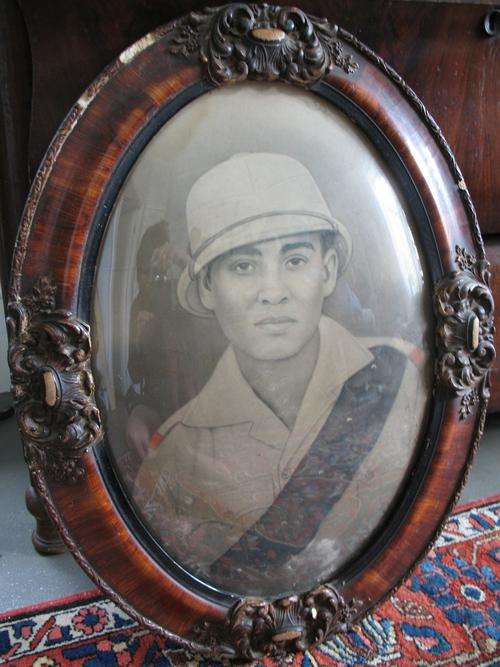 Antique oval framed portrait, uniformed boy in convex glass - War portrait