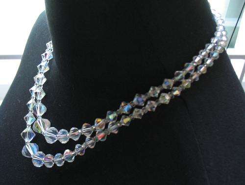Vintage aurora borealis ab crystal double strand bicone bead necklace from the 1950's