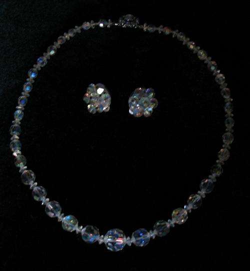 Vintage aurora borealis ab crystal bead necklace and earrings from the 1950's