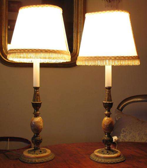 Vintage pair of brass and marble lamps with original shades