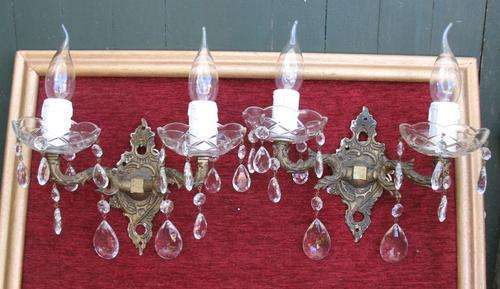 Vintage pair of matching double wall chandeliers with crystals