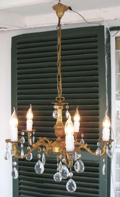 Vintage French bronze and crystal chandelier with five lights