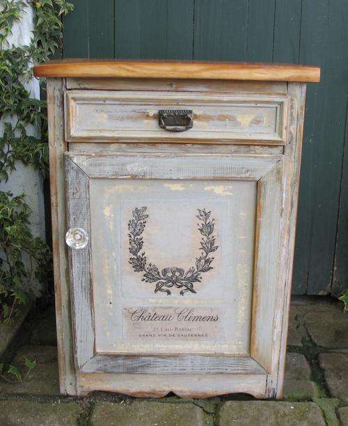 Vintage painted oregon pine cabinet / pedestal / cupboard with french label