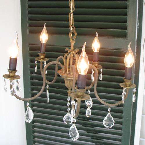 Vintage brass chandelier with crystal glass drops
