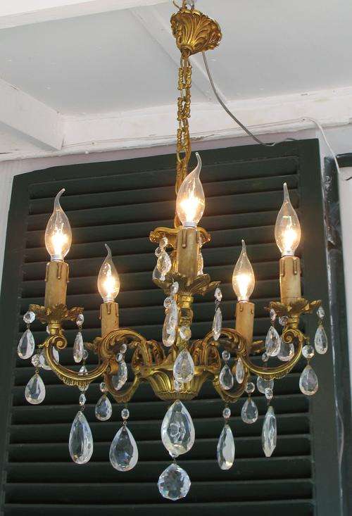 Vintage French bronze chandelier dripping with crystals