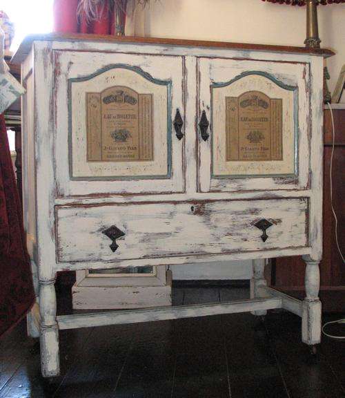 Vintage oak paint distressed cabinet with French label