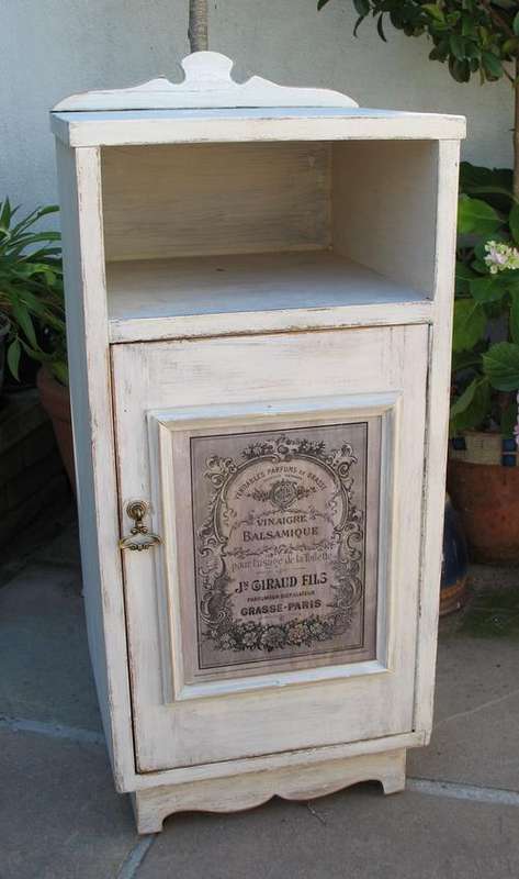 Vintage wood painted distressed bedside cabinet with French label (1 of pair)
